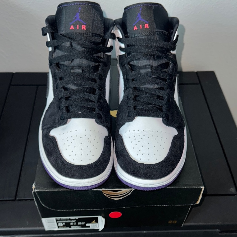 Air Jordan 1 Mid Sneakers in Black, White, and Purple. SIZE 8.5 in MEN